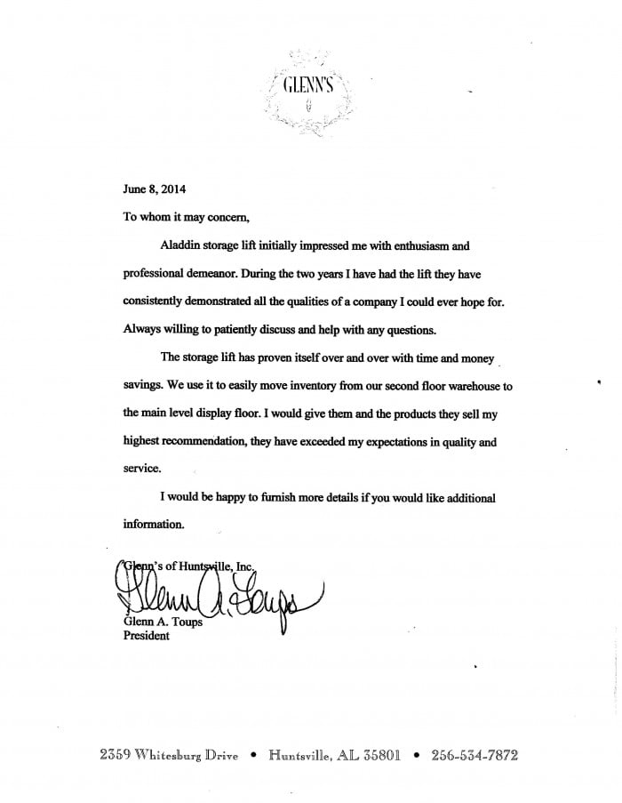 Glenn's Testimonial Letter